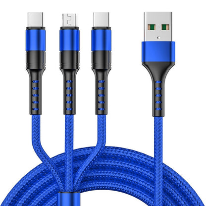 3-in-1 USB charging sync cable with Type-C and 8-pin connectors, blue braided cable and blue ends