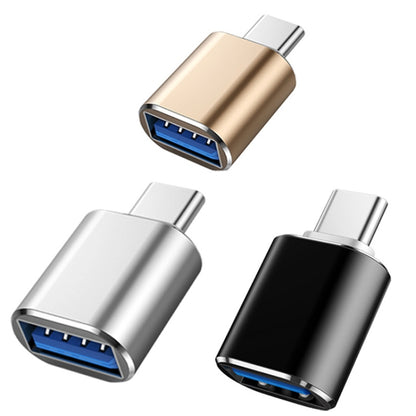 Set of USB 3.0 to USB-C OTG adapters in gold, silver, and black with USB-C plugs