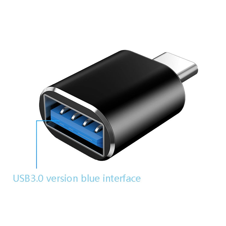 Black USB 3.0 to USB-C OTG adapter, USB-C male plug, blue USB port
