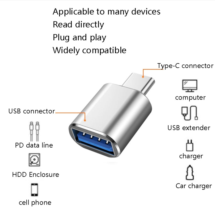 Silver USB 3.0 to USB-C OTG adapter with USB-C connector and blue USB interface