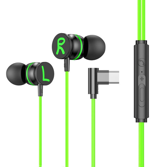 In-ear wired earbuds with green accent rings and Type-C control inline remote