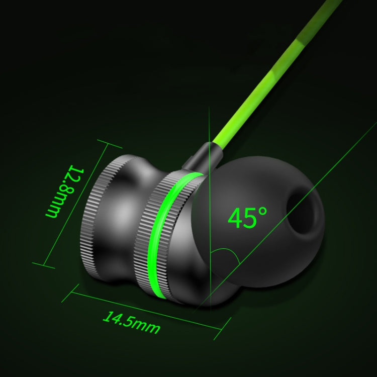 Compact in-ear earbuds with green accent ring and angled 45-degree fit