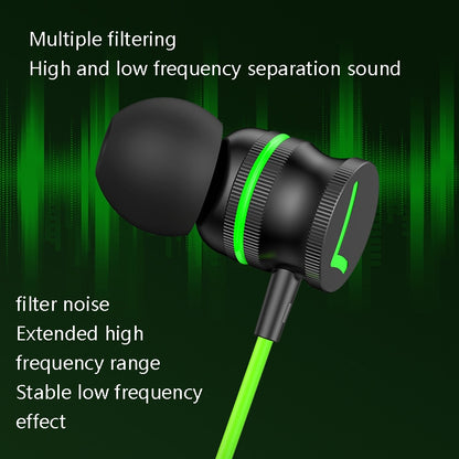 In-ear earbuds with green-accent driver rings and noise-filtering mesh housing