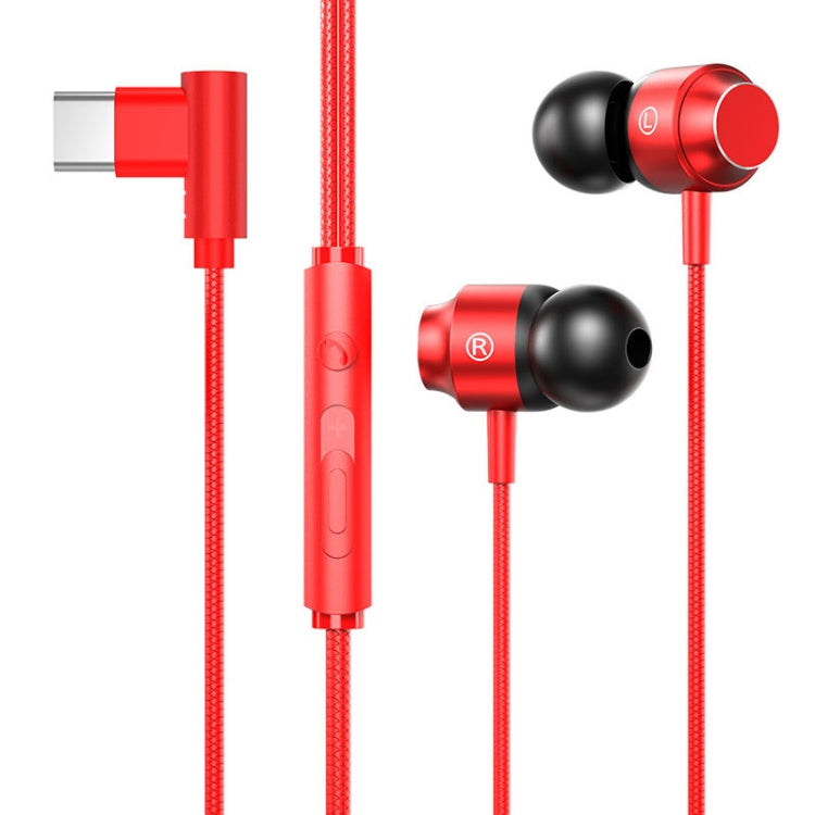 Red metal in-ear USB-C earphones with USB-C plug, inline buttons, and braided cable