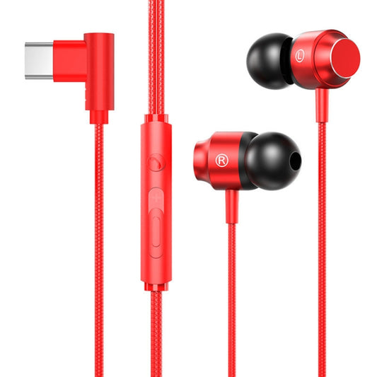 Red metal in-ear USB-C earphones with USB-C plug, inline buttons, and braided cable