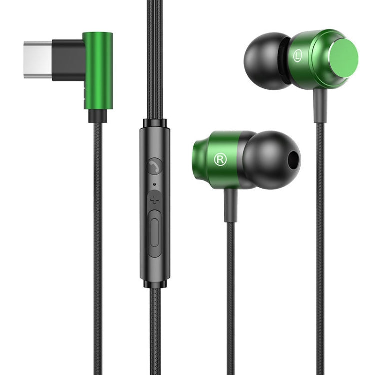 Green metal in-ear USB-C earphones with USB-C plug, inline buttons, and braided cable