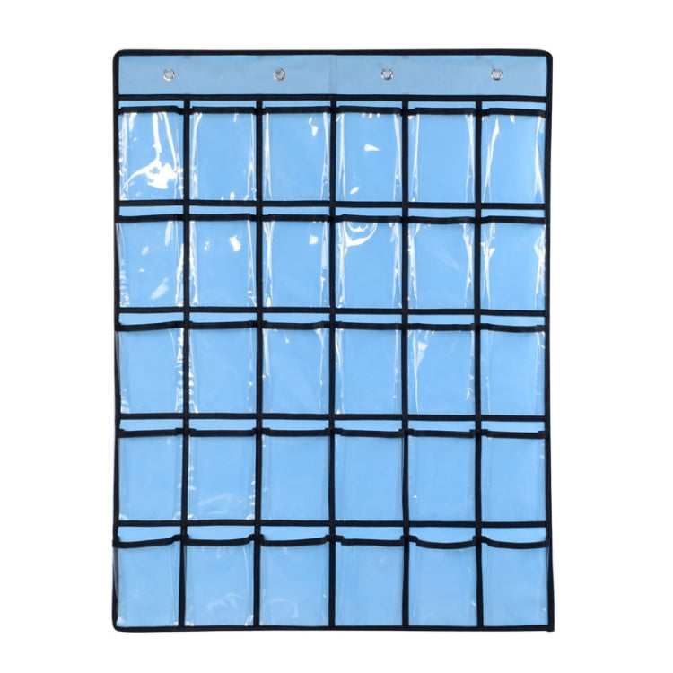 Blue transparent mobile phone hanging bag with 30 grid pockets and fabric frame