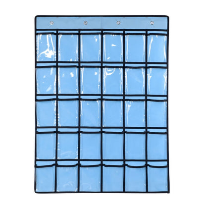 Blue transparent mobile phone hanging bag with 30 grid pockets and fabric frame