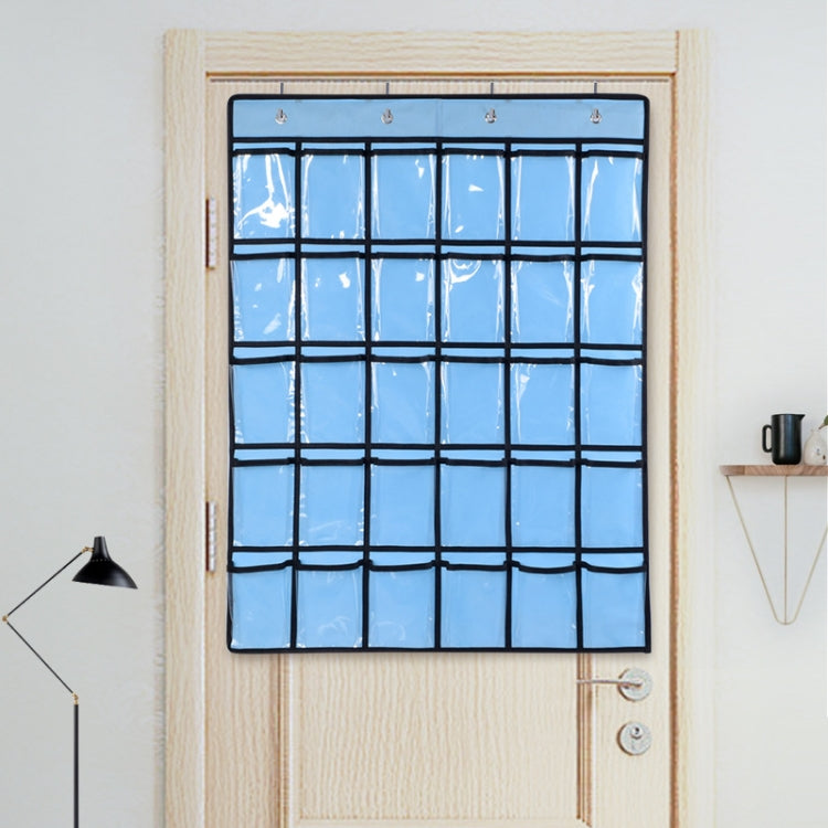 Blue transparent hanging organizer with grid pockets for mobile phones on wall hanger