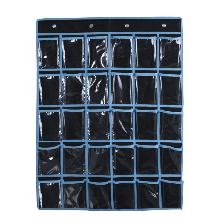 Black transparent mobile phone hanging bag with blue frame grid pockets