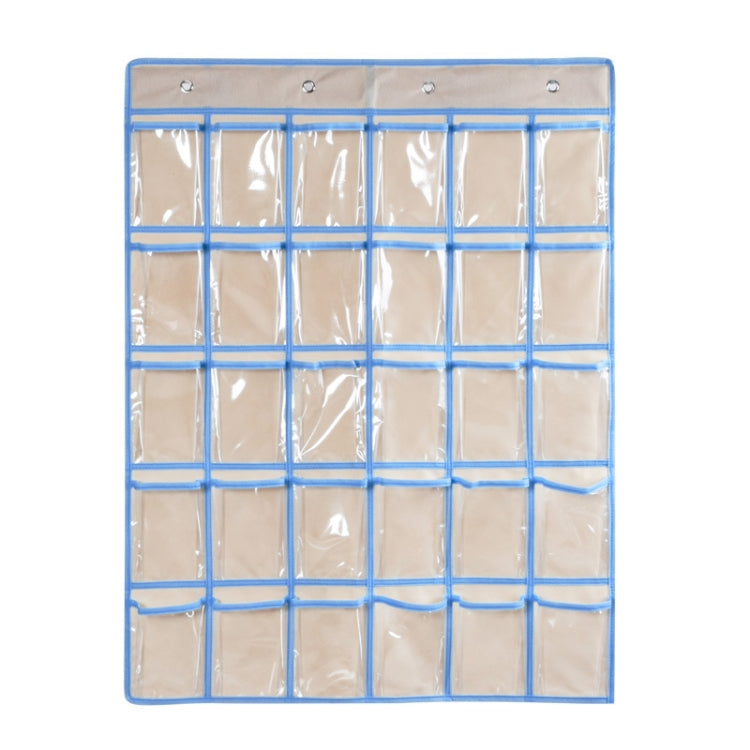 Beige transparent mobile phone hanging bag with blue grid pockets and hanging header