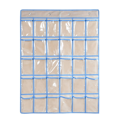 Beige transparent mobile phone hanging bag with blue grid pockets and hanging header