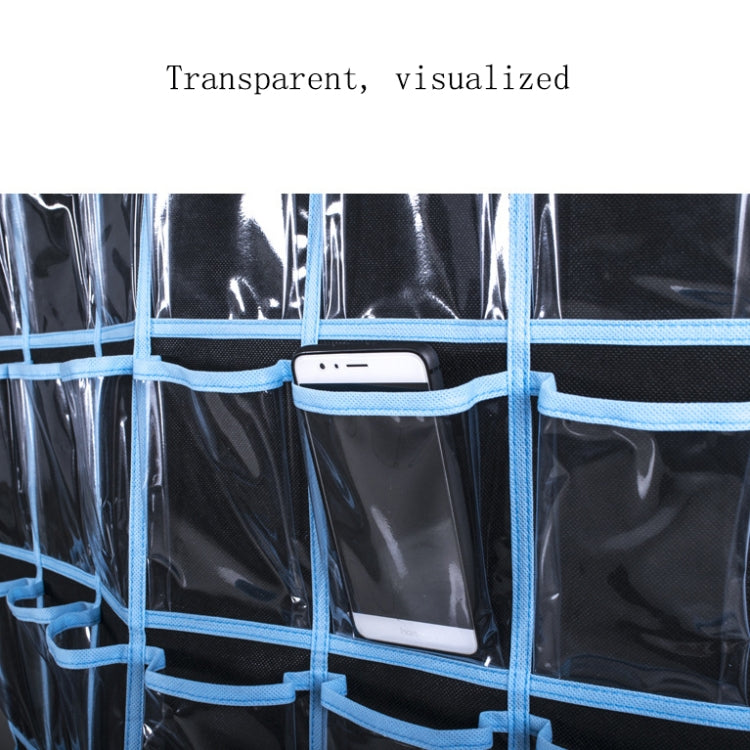 Close-up of blue-framed transparent grid pockets for a hanging mobile phone bag