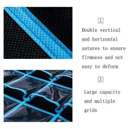 Transparent hanging bag corner detail with blue stitched grid seams