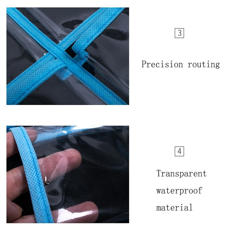 Transparent mobile phone hanging bag close-up with blue webbing straps and seams