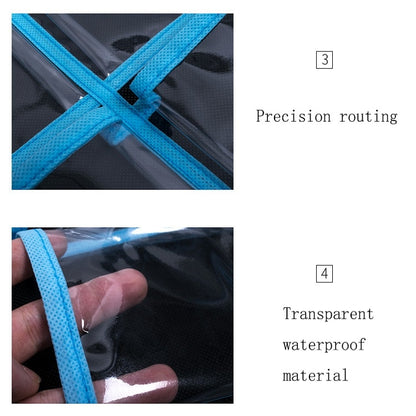 Transparent mobile phone hanging bag close-up with blue webbing straps and seams