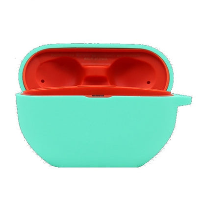 Mint green silicone anti-lost headphone case with red inside, open flip cover.