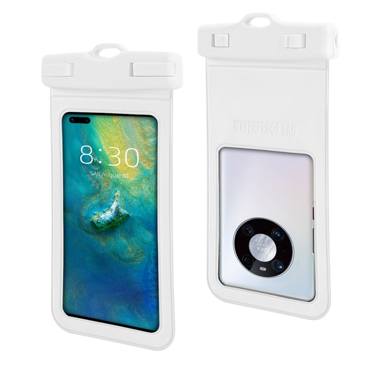 White waterproof phone pouch with clear touch window and top handle