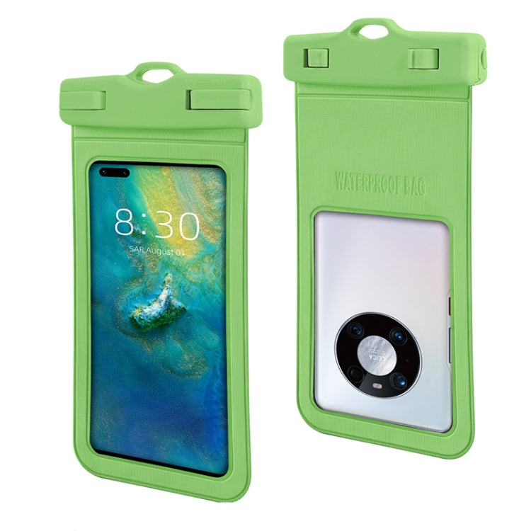 Green waterproof phone pouch with clear touch window and top handle