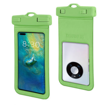 Green waterproof phone pouch with clear touch window and top handle