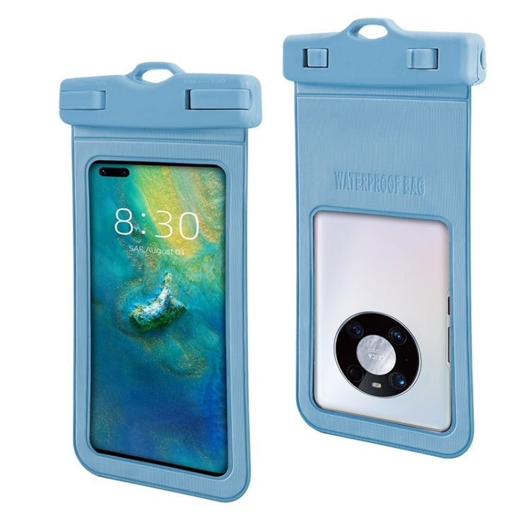 Light blue waterproof phone pouch with clear touch window and top handle