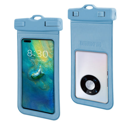 Light blue waterproof phone pouch with clear touch window and top handle