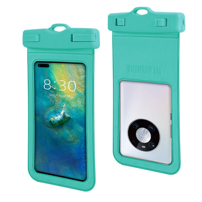 Teal waterproof phone pouch with clear touch window and top handle