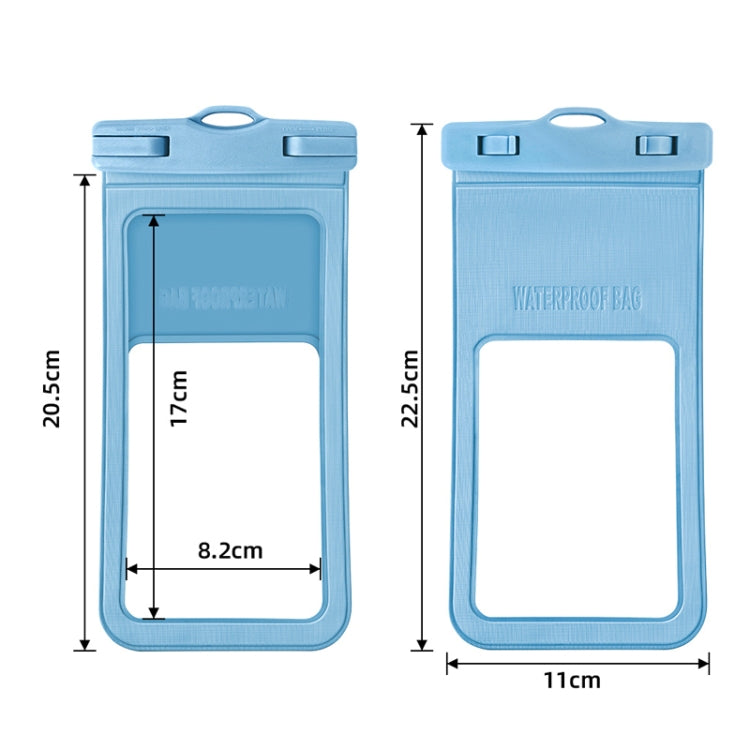 Blue waterproof phone pouch size diagram with window opening and height markings