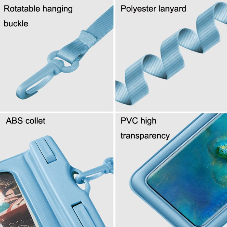 Blue waterproof phone pouch details: rotatable hanging buckle and polyester lanyard