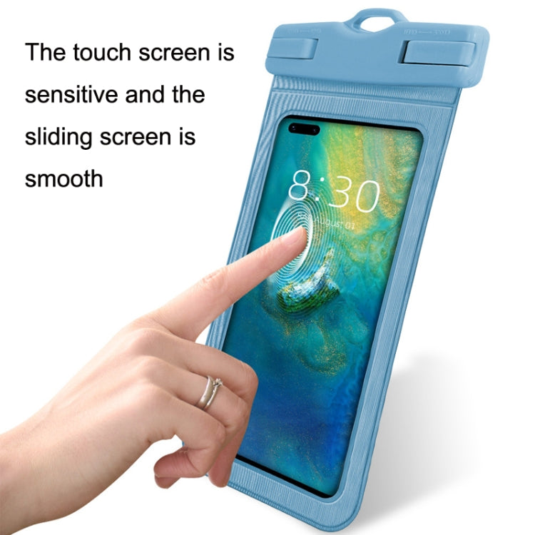 Light blue waterproof phone pouch with touch-screen window for easy sliding access