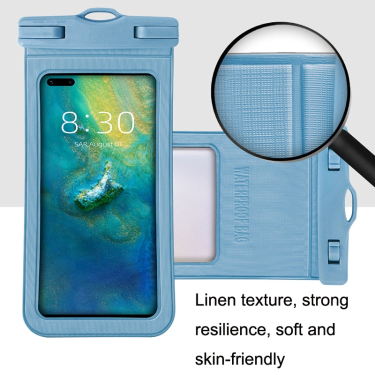 Blue waterproof mobile phone case with front window and textured liner detail