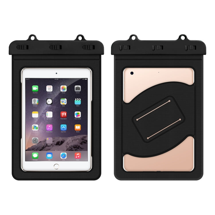 Black waterproof tablet bag with clear window and snap-seal top for under 9 inches