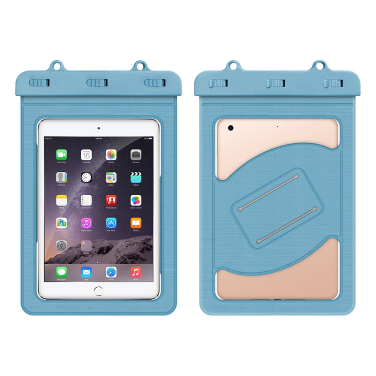 Light blue waterproof tablet bag with clear window and snap-seal top for under 9 inches