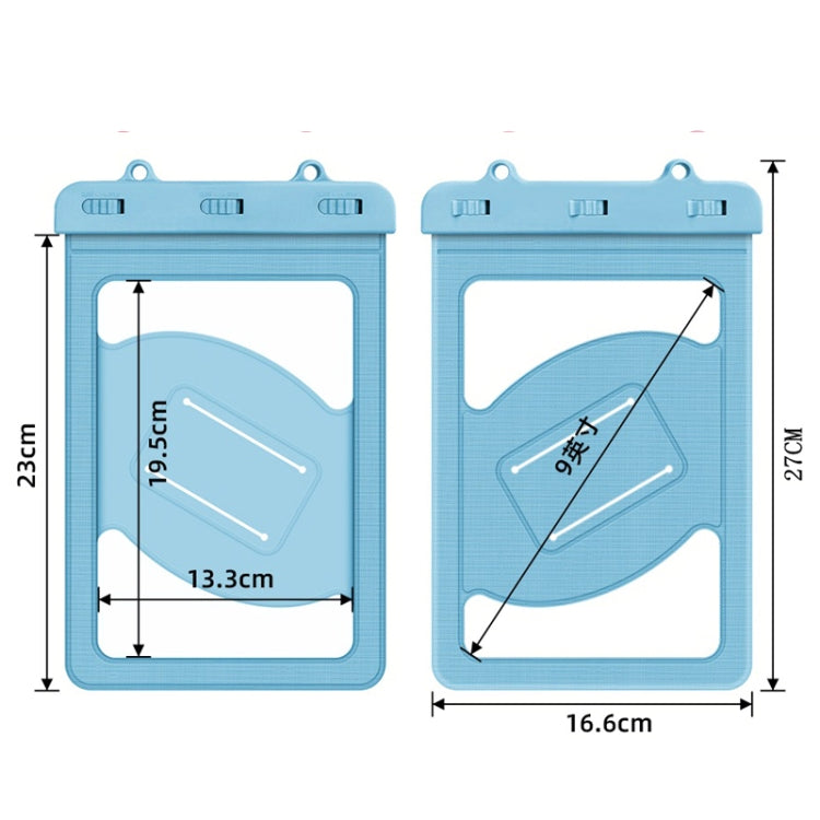 Blue waterproof tablet bag size diagram for under 9 inches