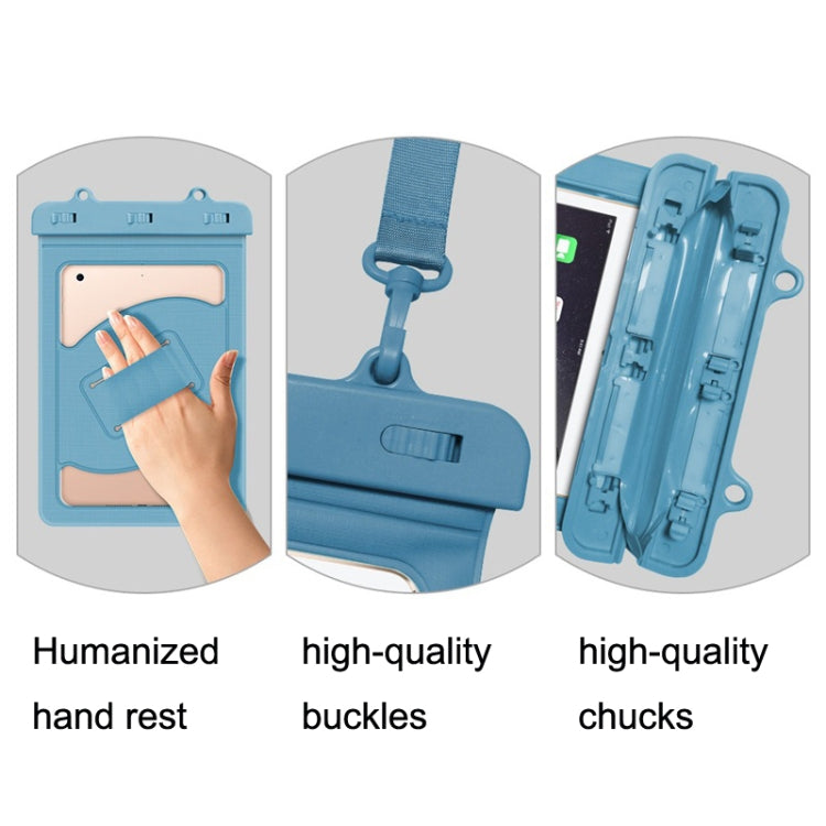 Blue waterproof tablet bag details with hand rest, buckles, and protective shell