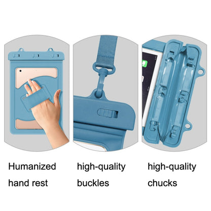 Blue waterproof tablet bag details with hand rest, buckles, and protective shell
