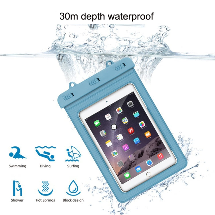 Blue waterproof tablet bag shown with tablet behind clear window in water