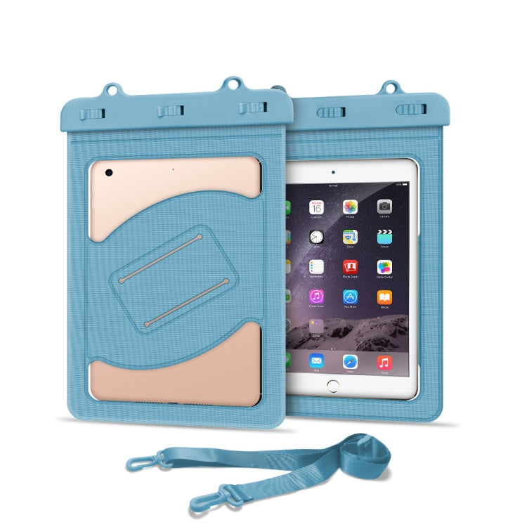 Two light blue waterproof tablet bags with clear windows and adjustable shoulder strap