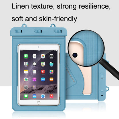 Light blue waterproof tablet bag with clear window and close-up textured material