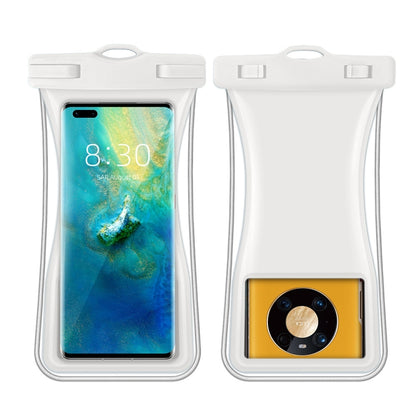 White waterproof waist phone bag with clear window and top seal, holding a smartphone
