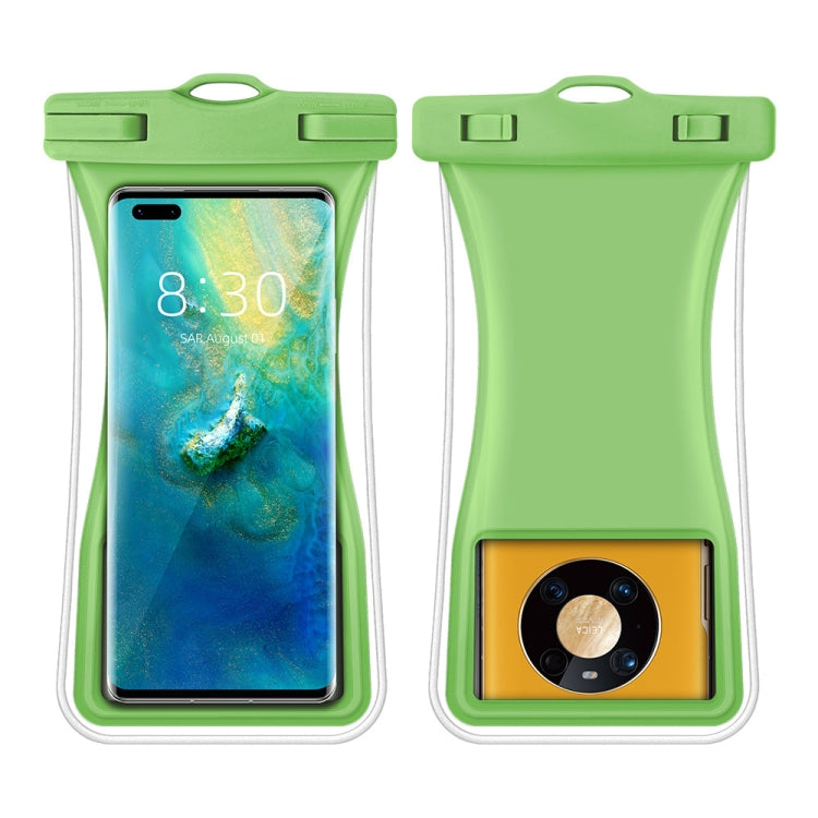 Green waterproof waist phone bag with clear window and top seal, holding a smartphone
