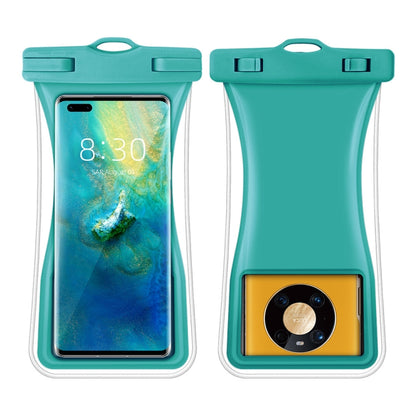 Teal waterproof waist phone bag with clear window and top seal, holding a smartphone