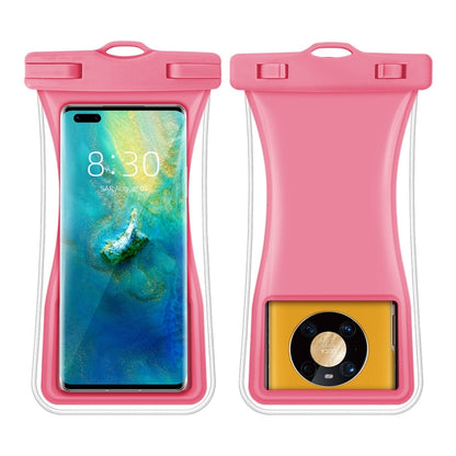 Pink waterproof waist phone bag with clear window and top seal, holding a smartphone
