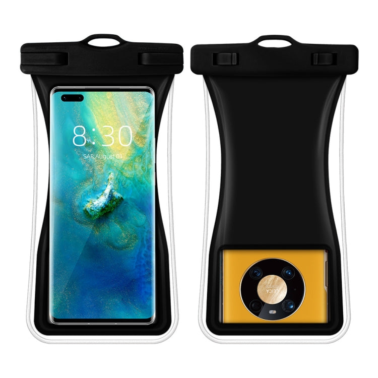 Black waterproof waist phone bag with clear window and top seal, holding a smartphone