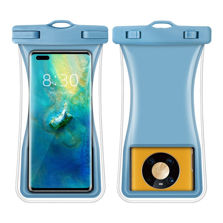 Light blue waterproof waist phone bag with clear window and top seal, holding a smartphone