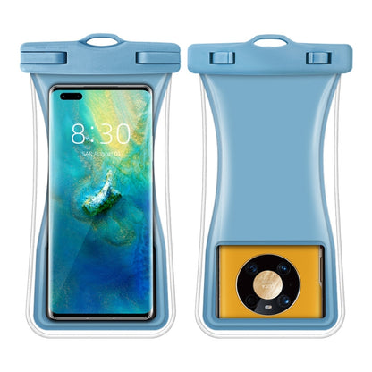 Light blue waterproof waist phone bag with clear window and top seal, holding a smartphone