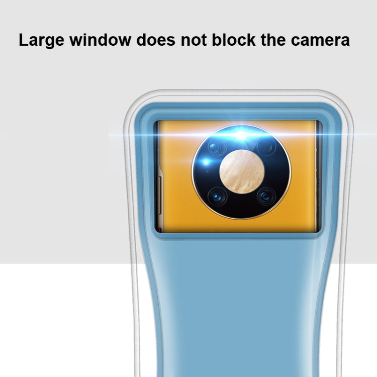 Light blue waterproof phone bag close-up with transparent camera window and top seal