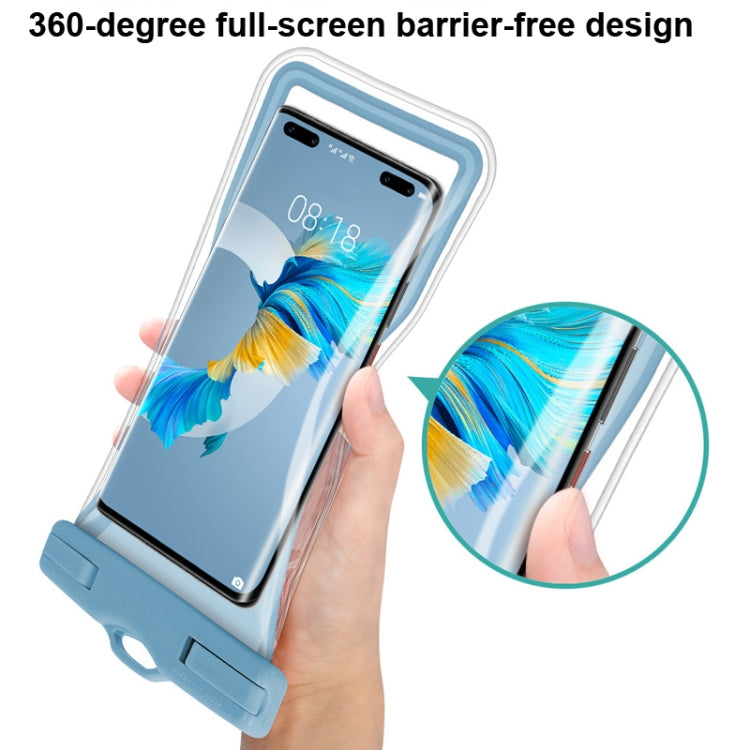 Blue floating waterproof phone pouch with transparent screen window and wrist strap