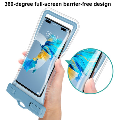 Blue floating waterproof phone pouch with transparent screen window and wrist strap