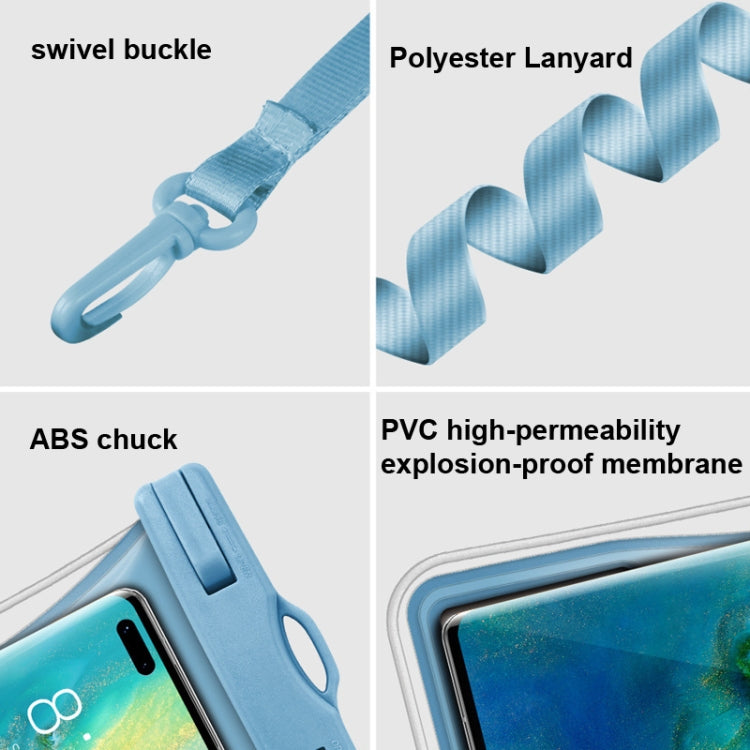 Blue waterproof phone pouch with swivel buckle, lanyard strap and sealed rim details
